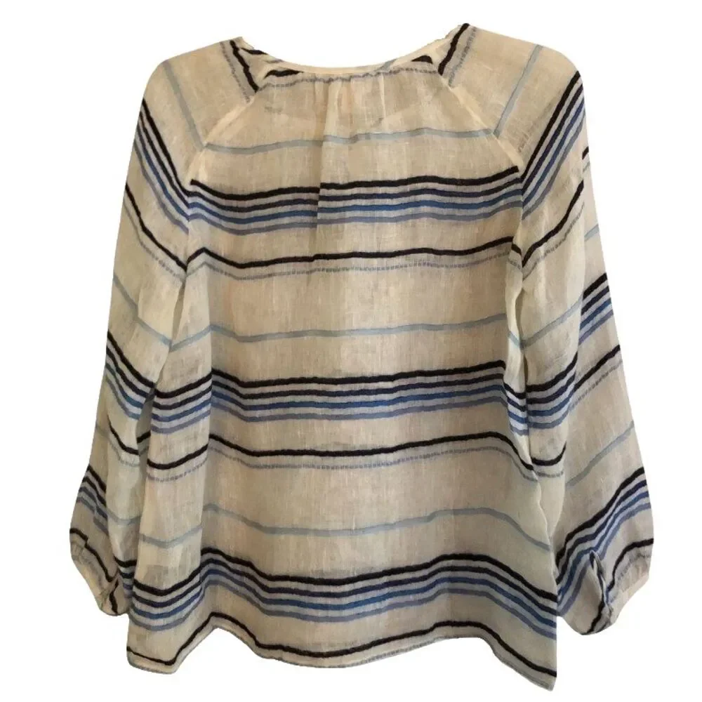 J Crew 100% Linen Peasant Blouse Womens Sz S Sheer Indigo Striped Coastal Beach